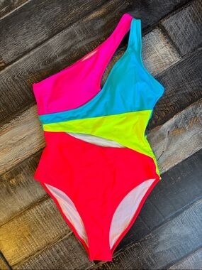 POPVIL small Neon Colorblock One-Piece Swimsuit - Hot Pink, Aqua, Neon Yellow